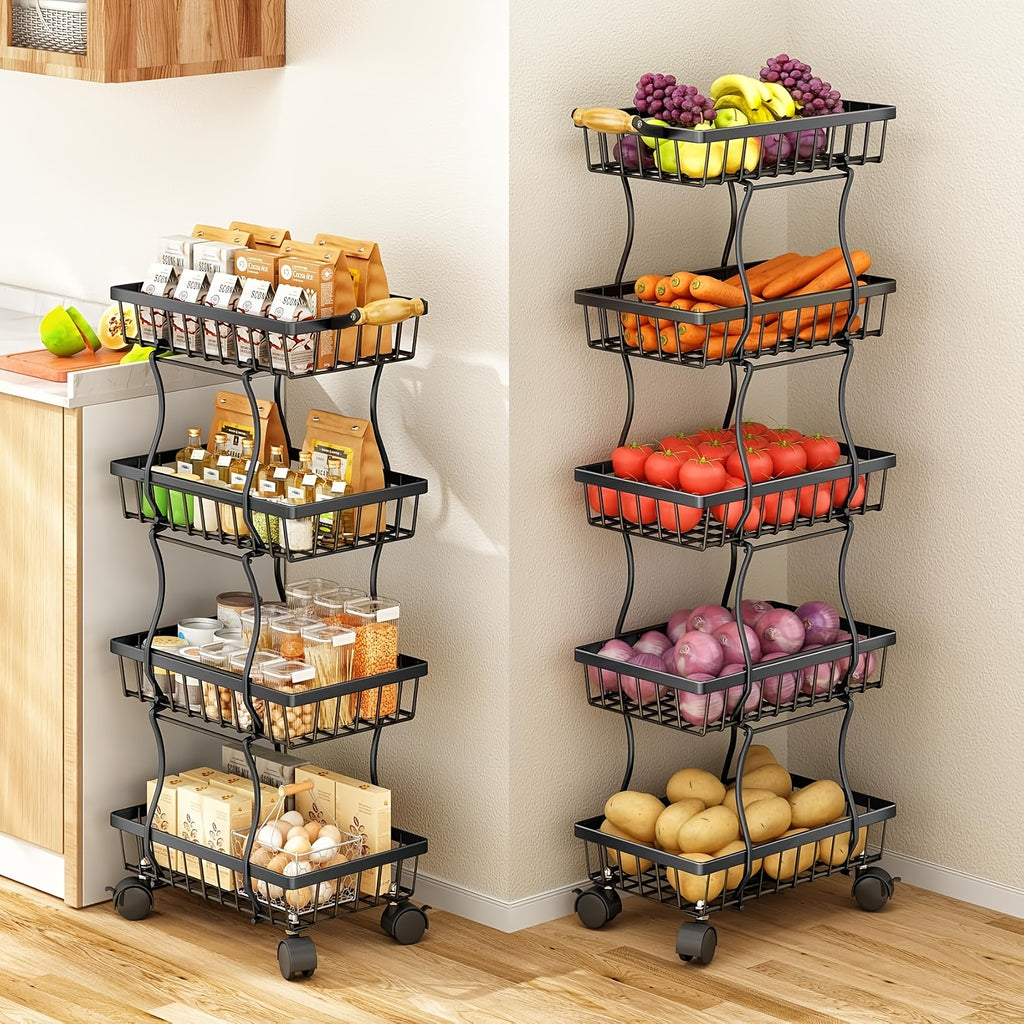 Fruit and Vegetable Basket Storage Cart with Wheels 4-Tier & 5-Tier Stackable Metal Rolling Produce Rack for Kitchen Pantry Bathroom Corner
