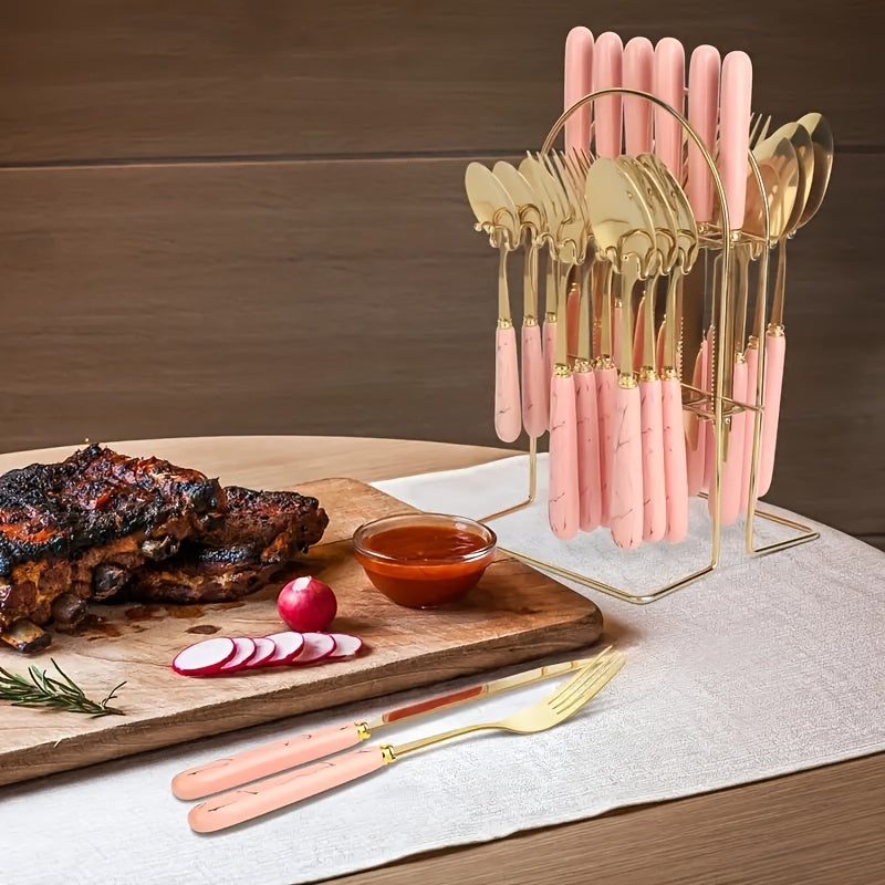 Marble Pattern Cutlery Set 24 Piece Polished Flatware Dinner Forks Soup Spoons Teaspoons for Home Restaurant Hotel Outdoor Dining Black Pink White Green