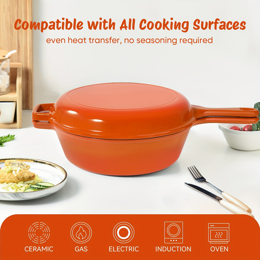 2-in-1 Enameled Cast Iron Dutch Oven Set – 3QT Pot + 1.5QT Skillet Lid, 3 Colors, Indoor Outdoor Frying Baking Stewing Grilling