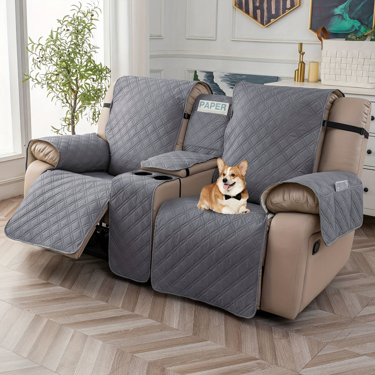 Recliner Loveseat Cover with Console 4-Piece Chenille Quilted Waterproof Slipcover | Non-Slip Pet Scratch Resistant Sofa Protector with Cup Holder Pocket, 9 Colors