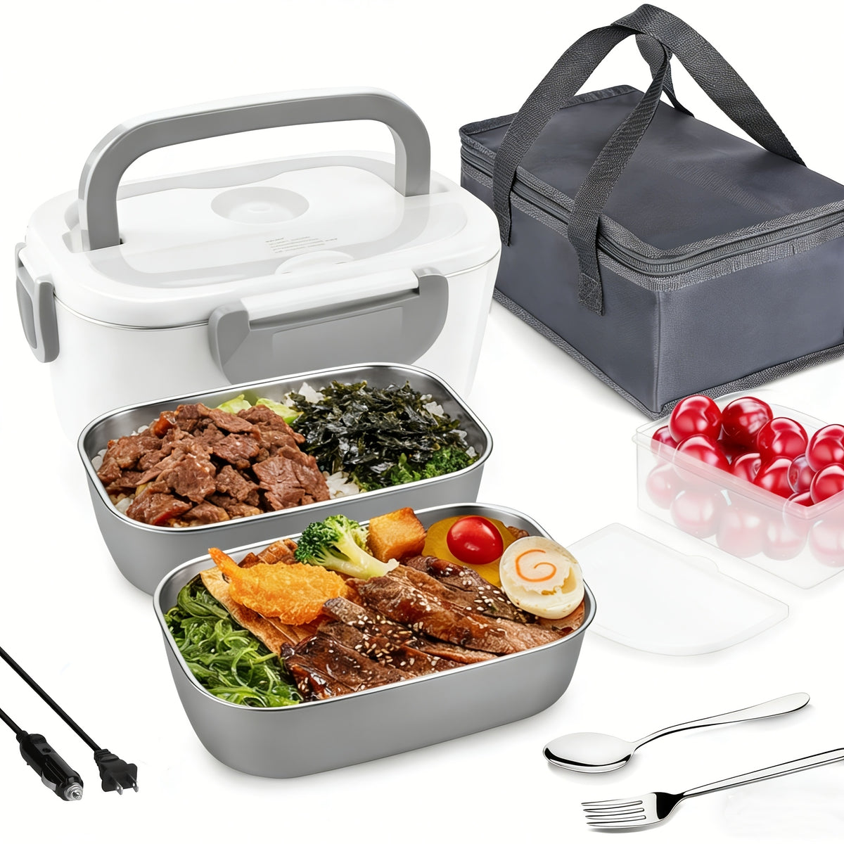 Portable Electric Lunch Box Food Warmer 54oz Dual Voltage - DC12-24V Car and AC120V Home - 316 Stainless Steel with Food Partition and Insulation Bag - 20-Min Quick Heating for Office and Travel