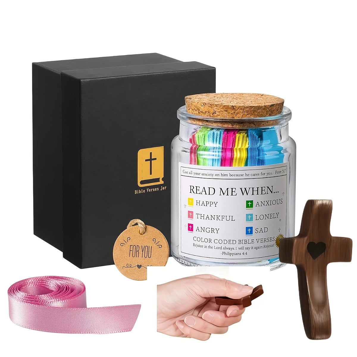 Bible Verse Scripture Jar 92 Cards with Wooden Cross Handmade Christian Gift – Inspirational Daily Scripture Cards for Women Faith Prayer Gift Easter Christmas
