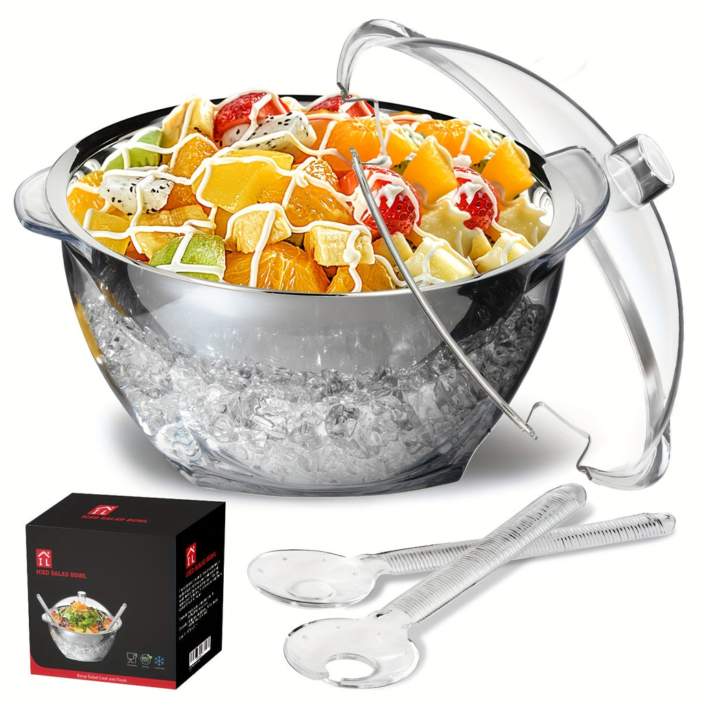 Large Salad Bowl Set with Ice Chiller Base Lid & 2 Serving Spoons – Clear Refrigerated Veggie Tray for Parties Buffets & Holiday Entertaining | BPA-Free Party Platter