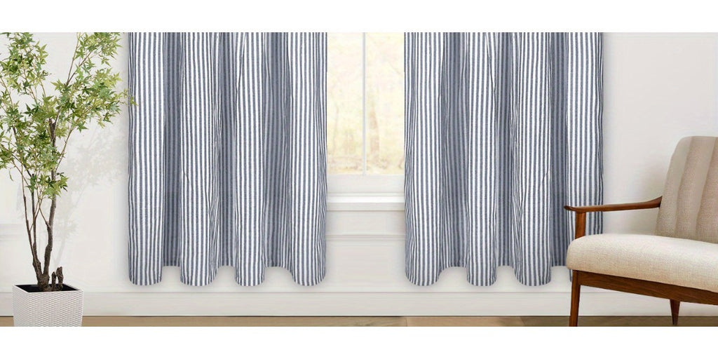 Bohemian Semi-Sheer Linen Cotton Curtains Grommet Top – Patchwork Country Cottage Window Drapes, 1 or 2 Panels, All Season, Bedroom Living Room Kitchen Bathroom Cafe Decor | Blue Green Dark Blue