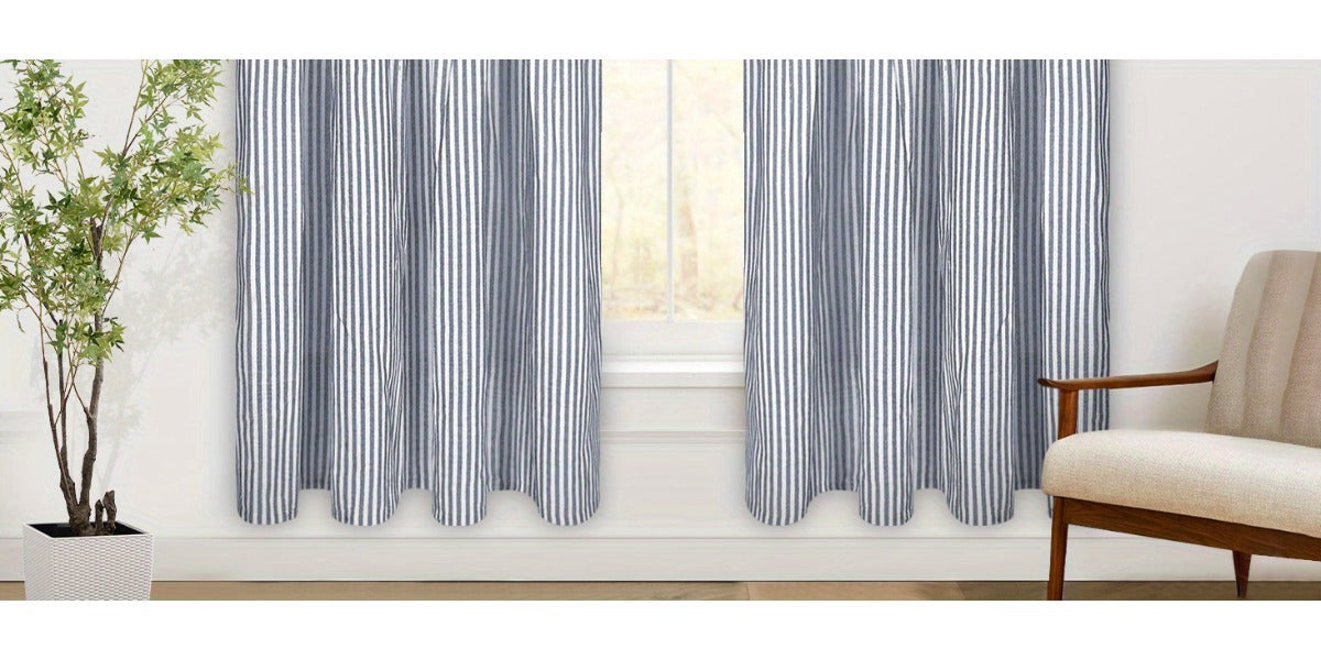 Bohemian Semi-Sheer Linen Cotton Curtains Grommet Top – Patchwork Country Cottage Window Drapes, 1 or 2 Panels, All Season, Bedroom Living Room Kitchen Bathroom Cafe Decor | Blue Green Dark Blue