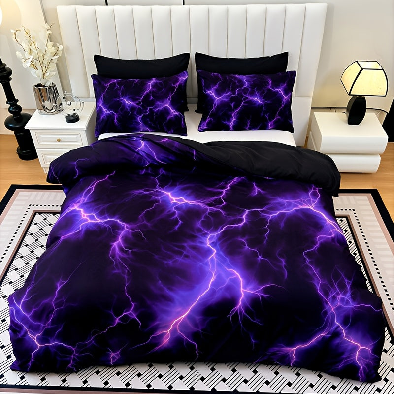 3-Piece Purple Lightning Line Duvet Cover Set HD Print 1 Duvet Cover + 2 Pillowcases No Insert Polychrome Aesthetic Bedroom Twin Full Queen King Bedding