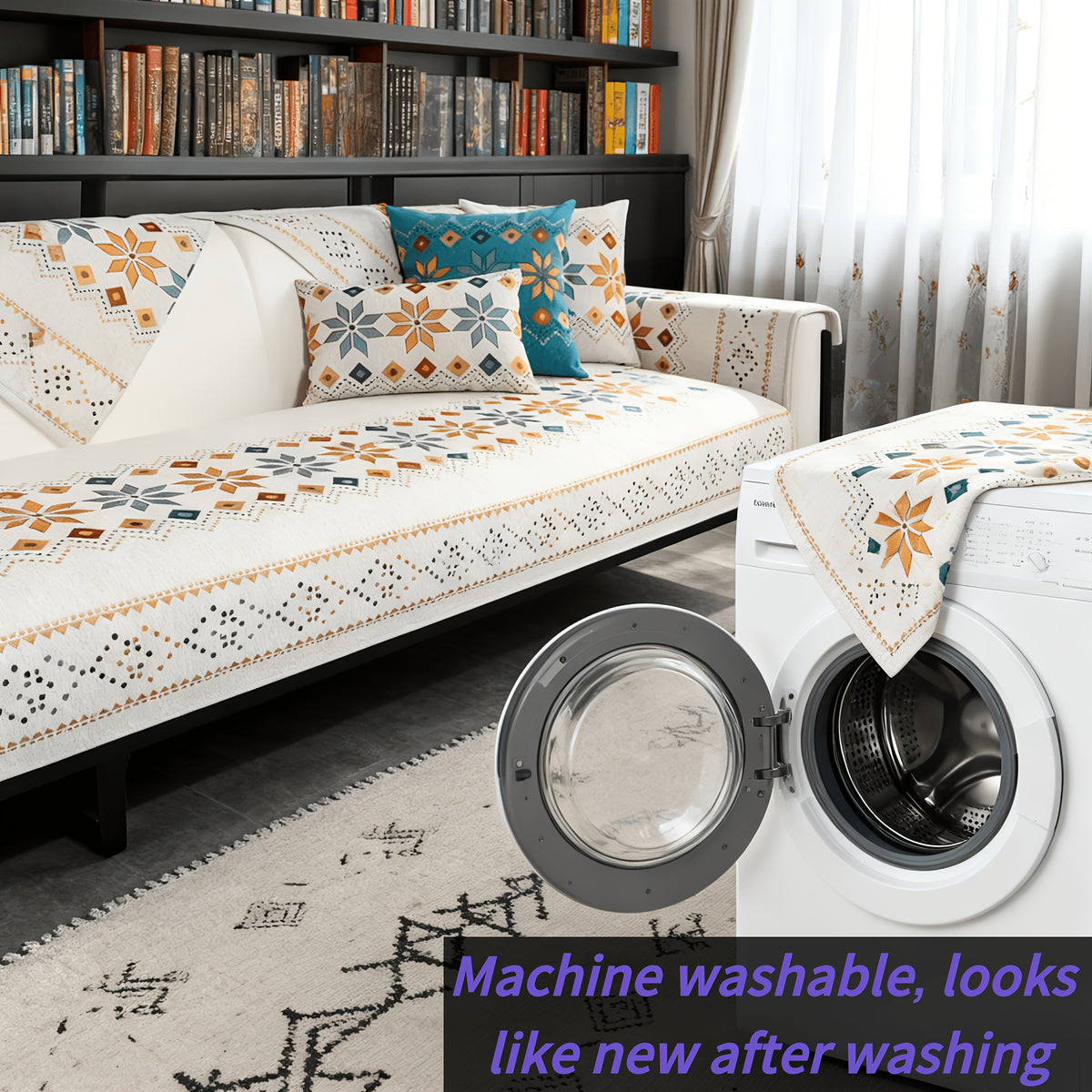 Chenille Sofa Cover Bohemian Geometric Slipcover | Light Breathable Non-Slip Machine Washable Couch Protector for 2/3/4 Seat L-Shape Sectional, Pet & Kid Friendly, White Green