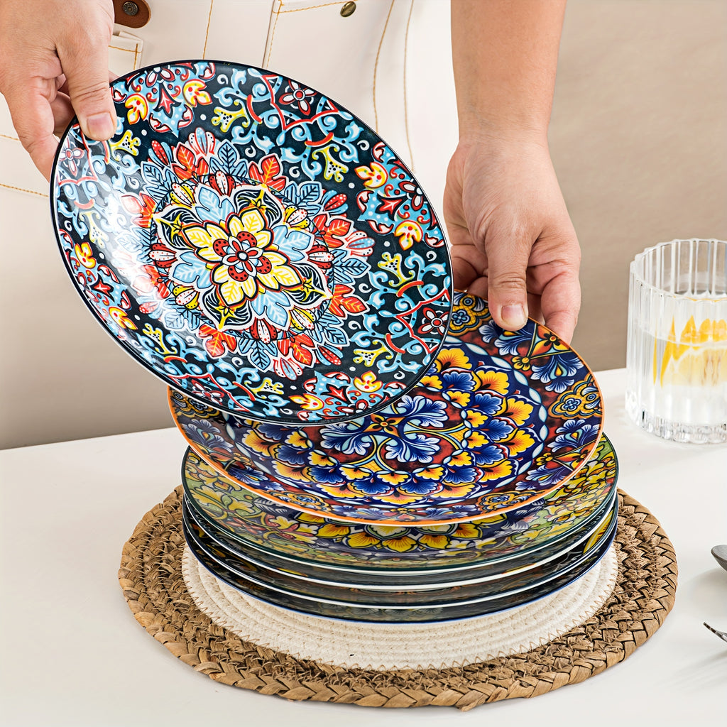 Bohemian Ceramic Salad Plates Set of 6 – 8.5 Inch Colorful Dessert Plate Set, Microwave Oven & Dishwasher Safe, Boho Style Kitchen Dishes