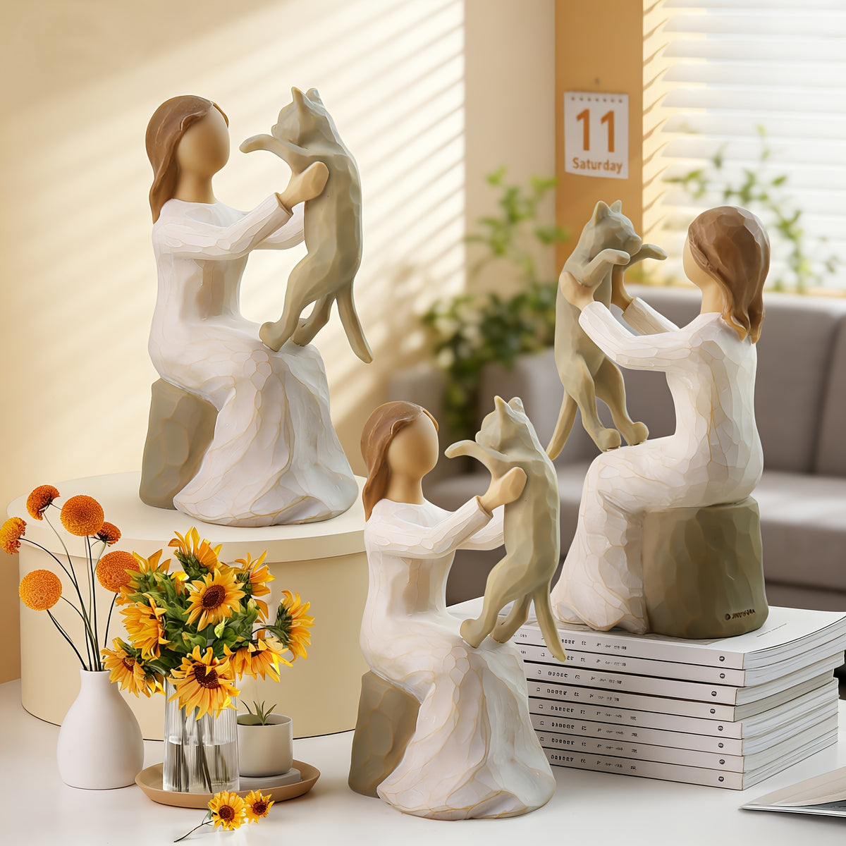 Hand-Painted Girl & Cat Resin Statue – Collectible Kitten Companion Figurine | Thoughtful Memorial Gift for Cat Lovers, Mom & Cat Ladies | Decorative Sculpture for Home, Shelf & Desktop