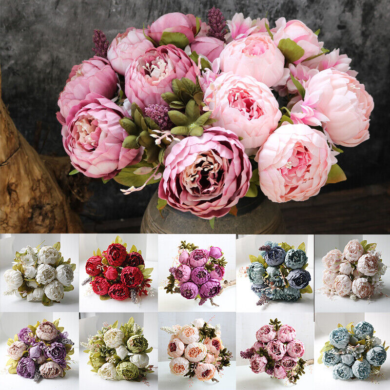 Artificial Peony Bouquet 13 Heads UV-Resistant Realistic Silk Flowers with Green Foliage Sturdy Stems Pink Red White Blue Purple Yellow Lavender Peach for Wedding Home Garden Office Indoor Floral Decor