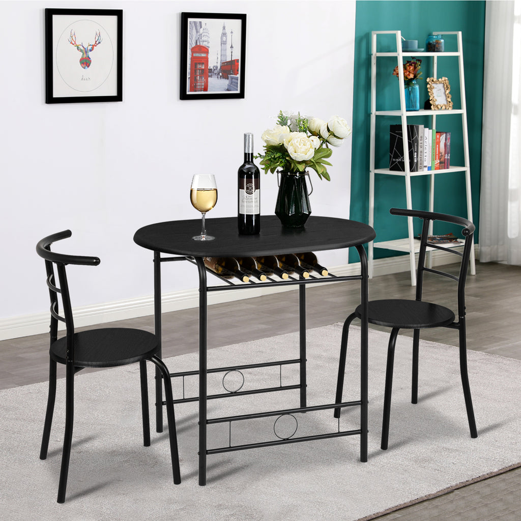 3-Piece Bistro Dining Set Drop Leaf Table and 2 Chairs Space Saving Kitchen Table Set for 2 with Wine Rack Metal Frame for Small Space Apartment Breakfast Nook