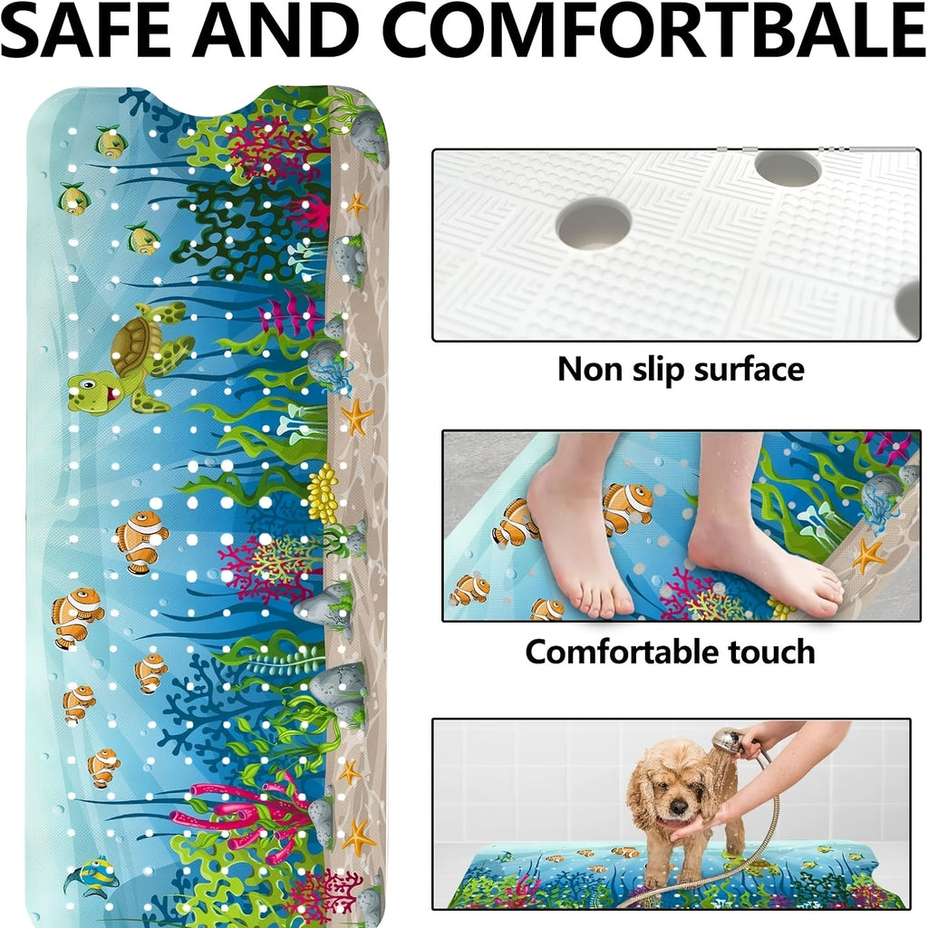 Non-Slip Bathtub Mat with Suction Cups & Drain Holes – PVC Shower Mat 40x16, Cushioned, Machine Washable, Fun Ocean Designs for Kids & Adults