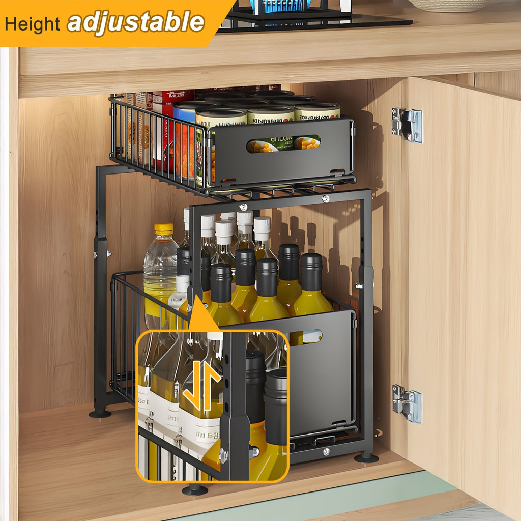 2-Tier Pull Out Cabinet Drawer Organizer No Drill - Slide Out Kitchen Pantry Shelf, Space-Saving Roll Out Storage for Spices Canned Goods Kitchenware, Black White