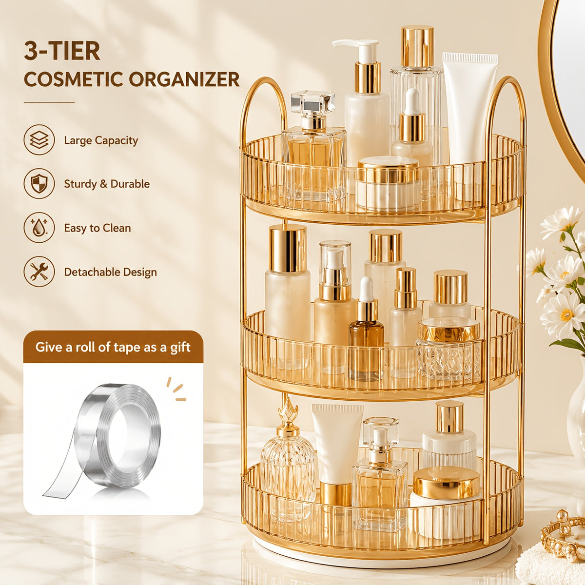 360° Rotating Makeup Organizer with 1, 2 or 3 Tiers, Gold Striped Desktop Cosmetic Storage Rack for Brushes, Lipstick & Skincare – Durable Odorless Vanity Organizer for Bathroom & Bedroom