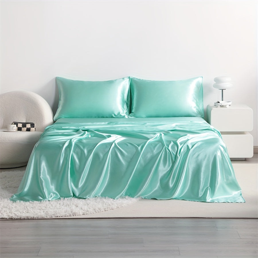 Cooling Satin Bed Sheet Set 4-Piece – Hypoallergenic Breathable Deep Pocket Flat & Fitted Sheet with Pillowcases, 300 GSM, 15 Colors, Twin to Cal King