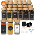 Glass Spice Jars Set with Acacia Wood Lids - 4oz Square Spice Bottles with Shaker Lids, Labels & Grinders for Kitchen Spice Storage and Organization