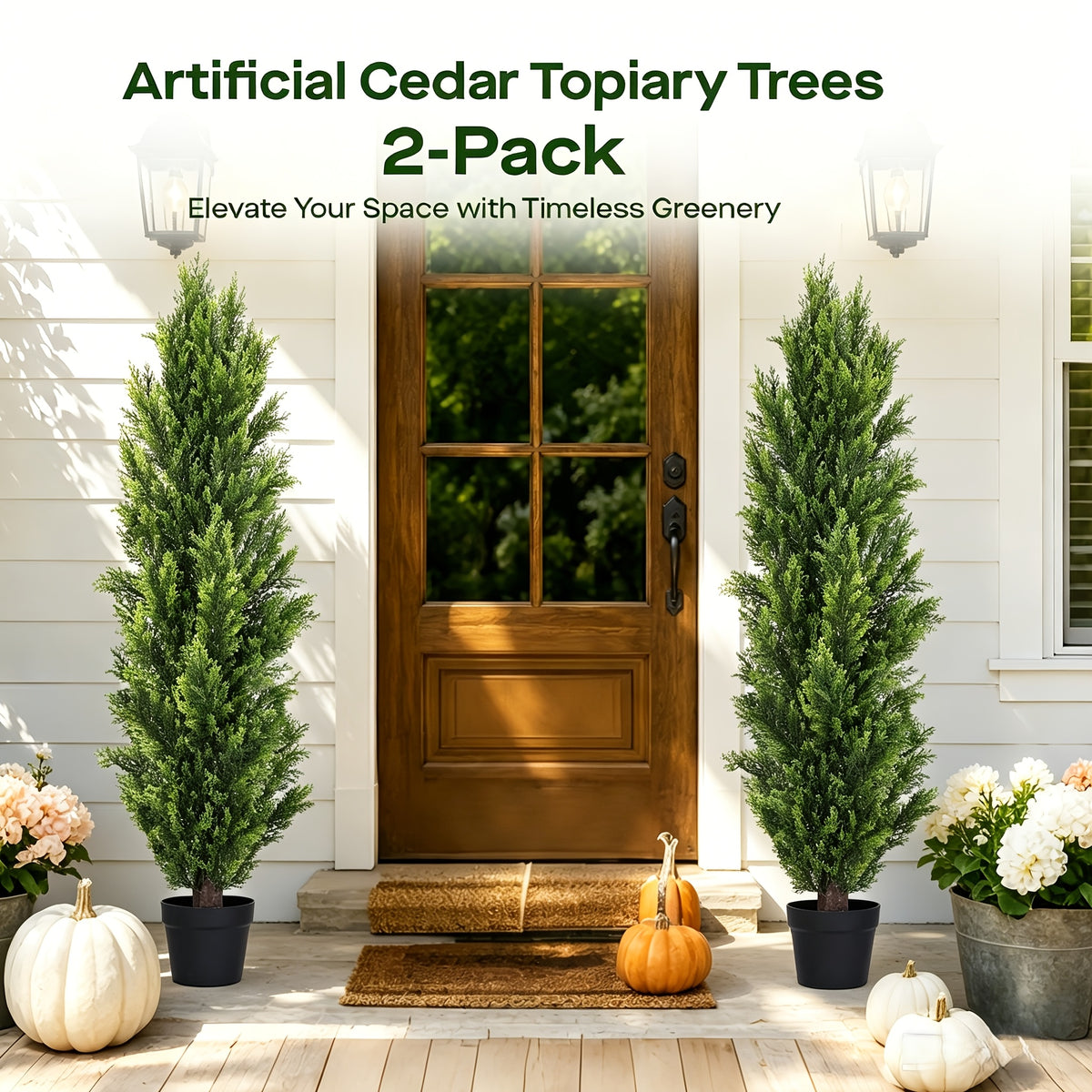 Artificial Cedar Topiary Trees 2-Pack - UV-Resistant Faux Greenery for Outdoor & Indoor, Modern Faux Topiary for Patio, Garden, Entryway & Office Decor