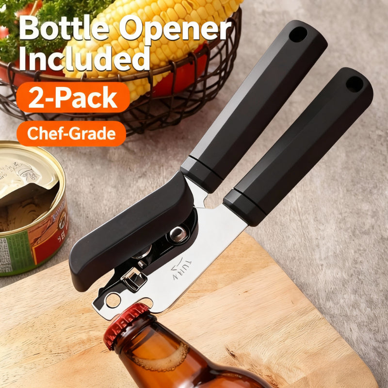 3-in-1 Stainless Steel Can Opener 2-Pack – Ergonomic Handle, Smooth Edge, Bottle Opener, Heavy-Duty Kitchen Tool for Home Cooks & Chefs