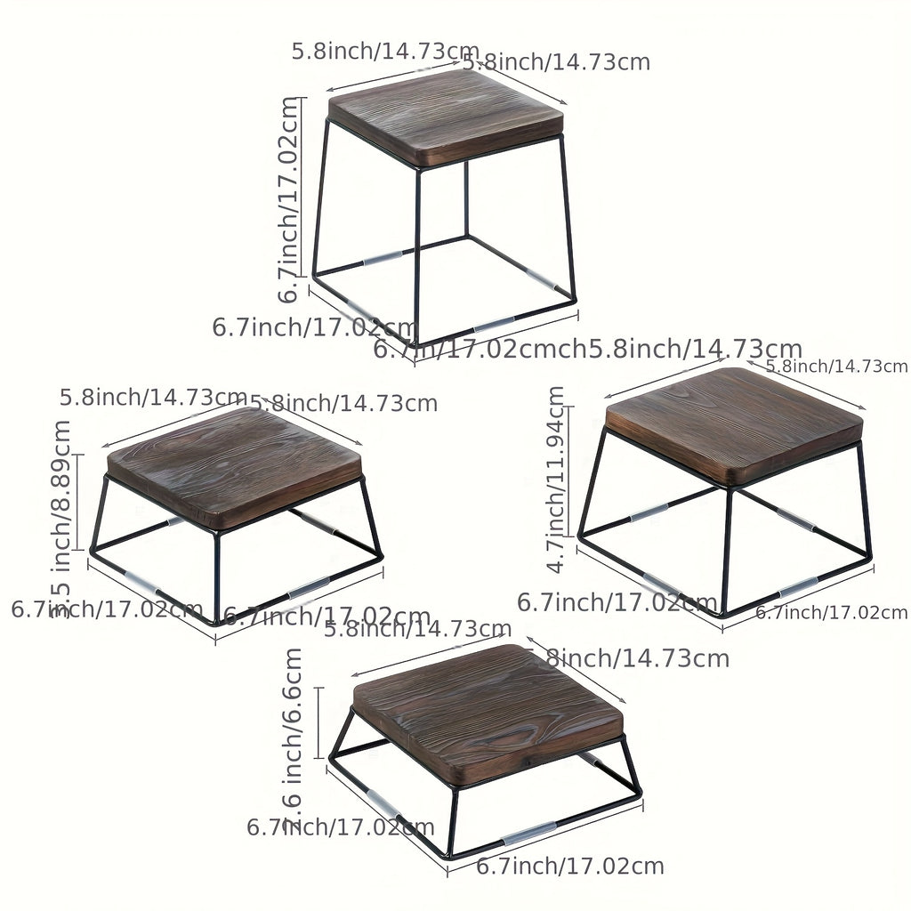 Set of 4 Square Wooden Cake Stands with Metal Wire Bases – Dessert Display Stands for Cupcakes, Appetizers & Party Serving