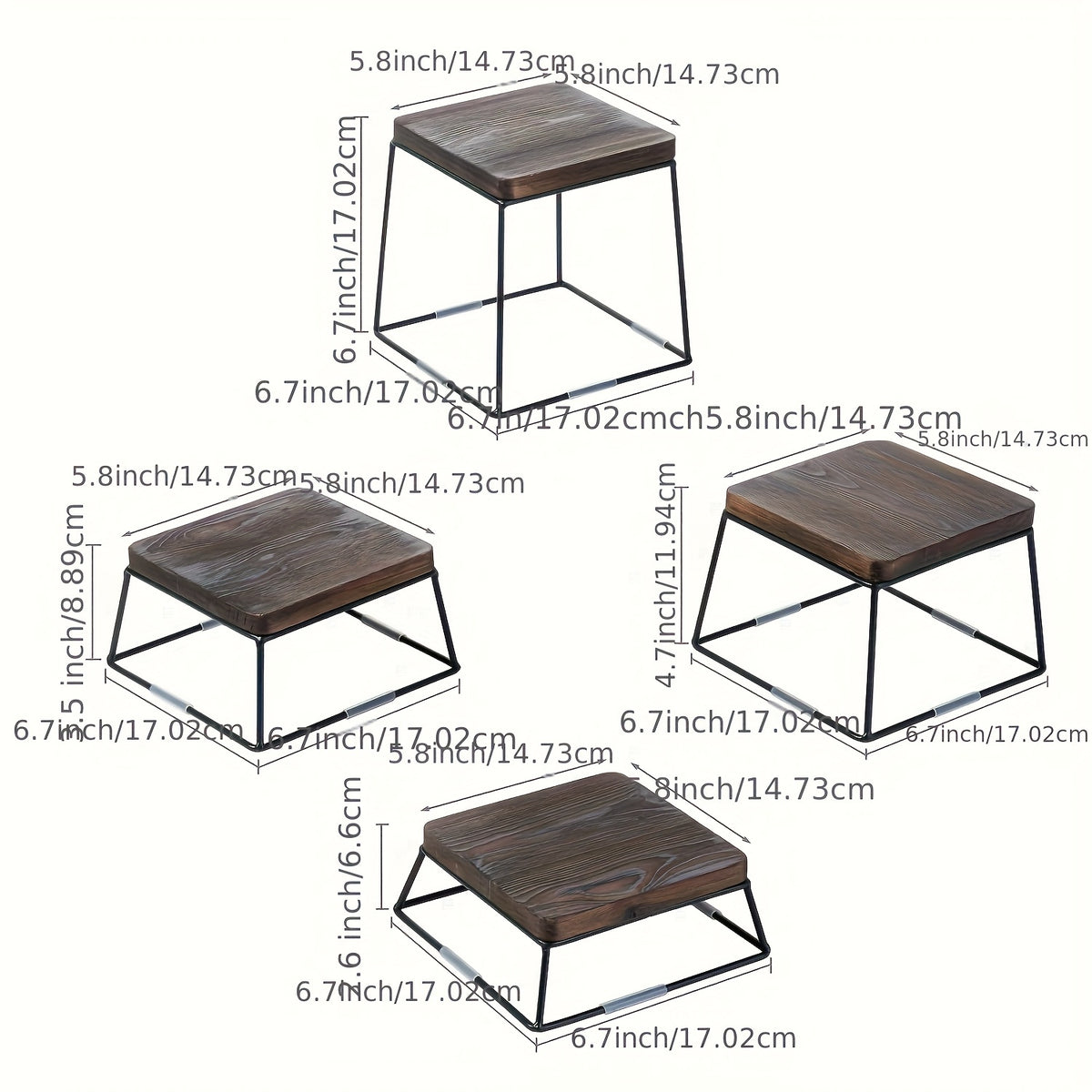 Set of 4 Square Wooden Cake Stands with Metal Wire Bases – Dessert Display Stands for Cupcakes, Appetizers & Party Serving