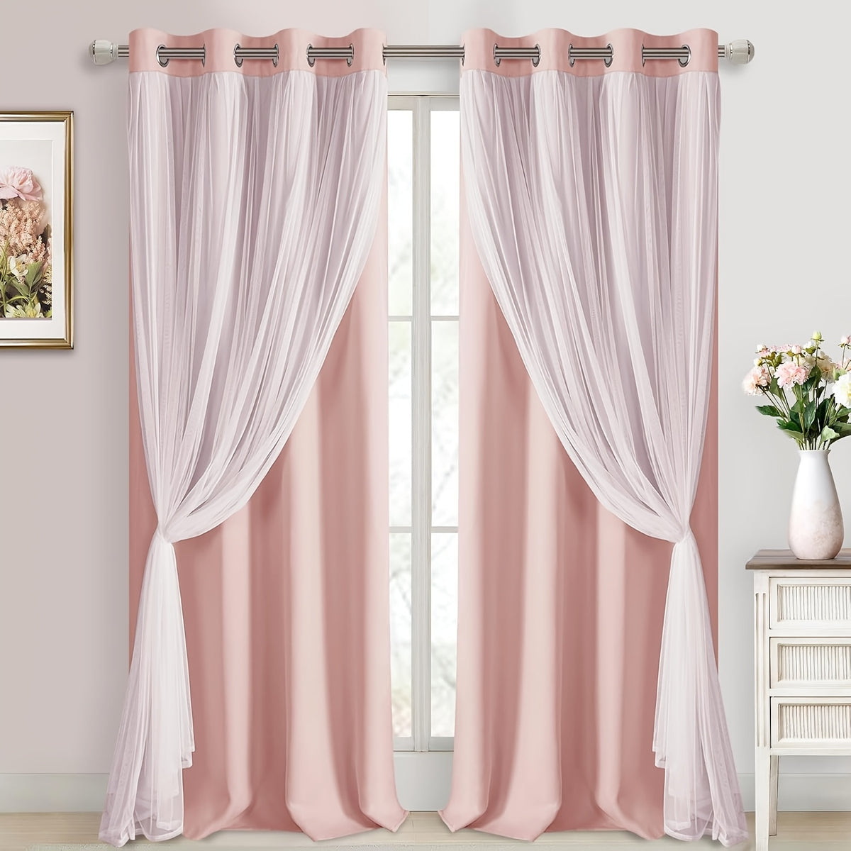 Double Layer Blackout Curtains with Sheer Overlay 2 Panels - Grommet Top Thermal Insulated Mix & Match Window Drapes with Tiebacks for Bedroom Living Room, All Season
