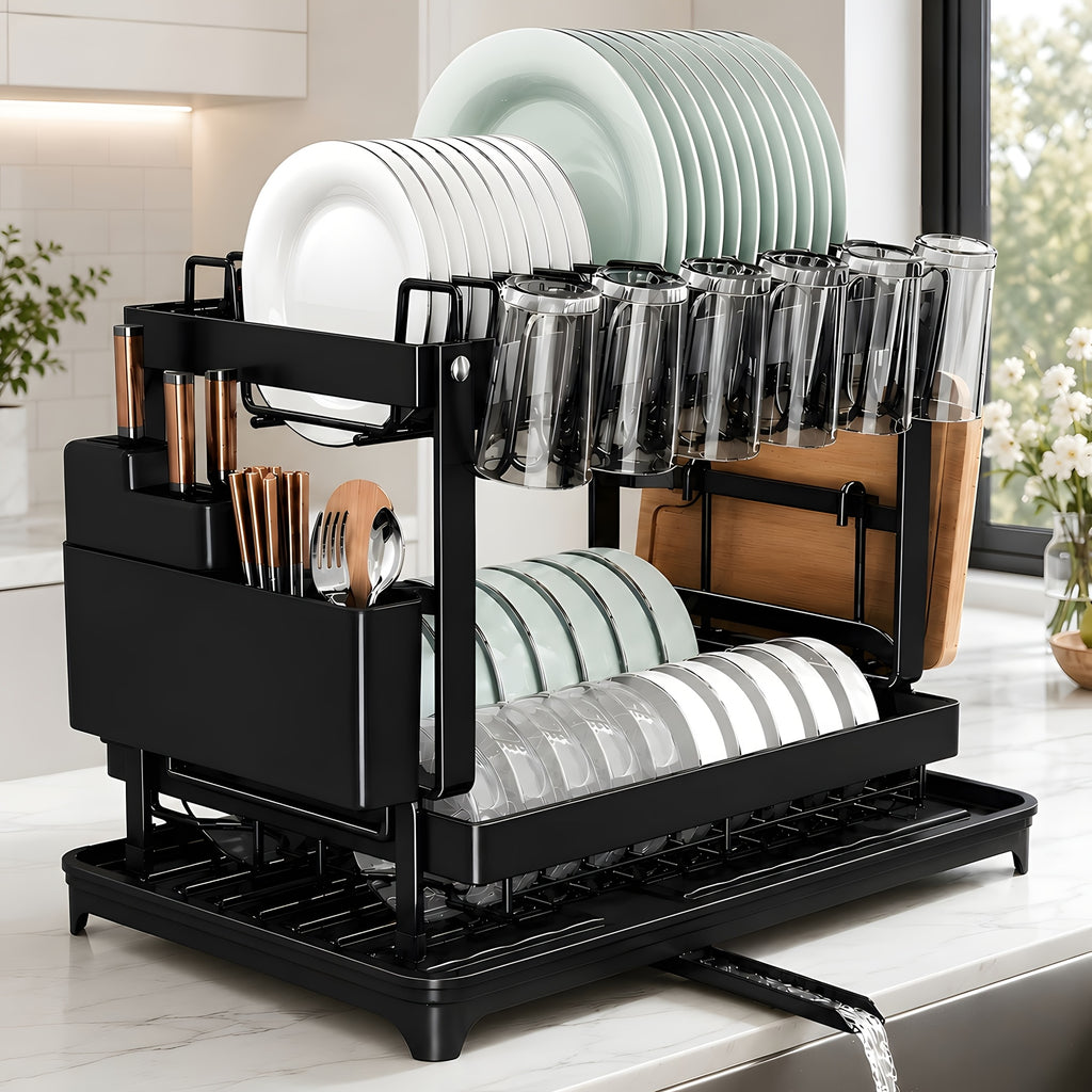 2-Tier Dish Drying Rack with Drainboard – Black Metal Two-Level Dish Drainer with Drainage for Kitchen Counter, Standing Dish Holder Organizer Shelf for Plates, Cups & Utensils
