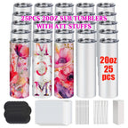20oz Sublimation Tumblers Bulk 25 or 50 Pack – Skinny Straight Stainless Steel Insulated Sublimation Blanks with Lid & Straw, Gift Box Included