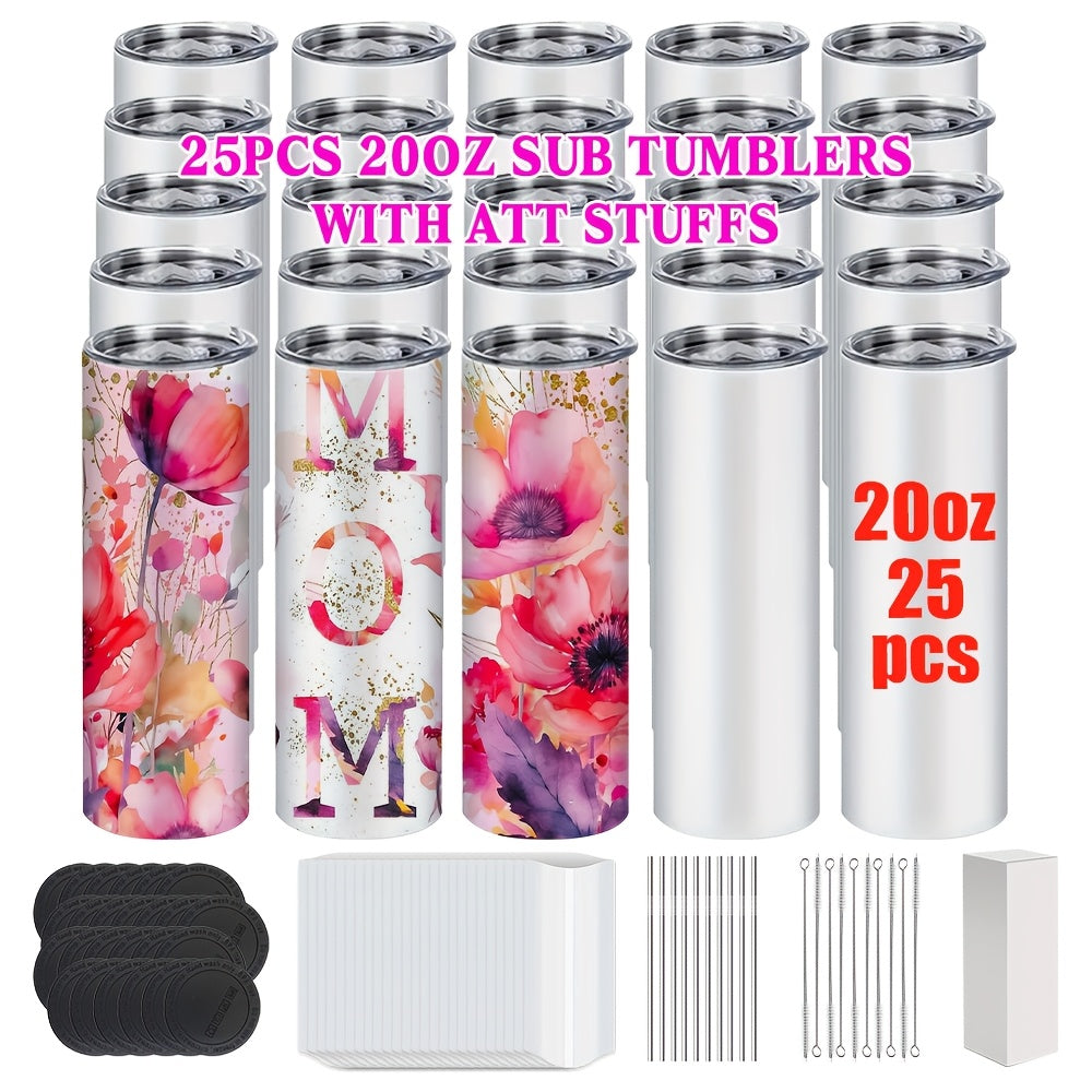 20oz Sublimation Tumblers Bulk 25 or 50 Pack – Skinny Straight Stainless Steel Insulated Sublimation Blanks with Lid & Straw, Gift Box Included