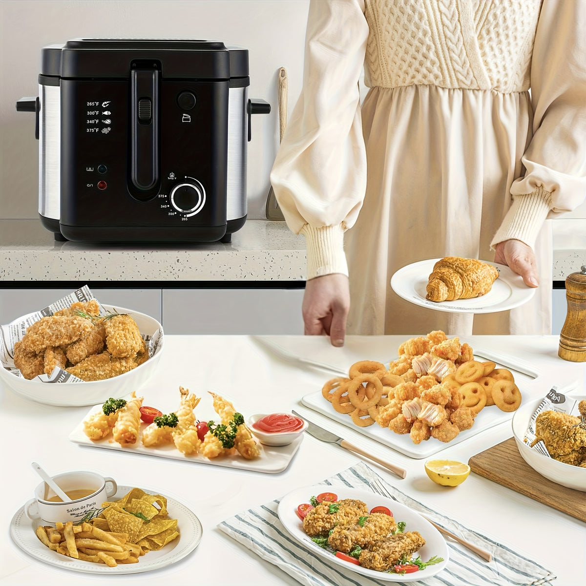 Electric Deep Fryer with Stainless Steel Basket 1.5L-6L Adjustable Temperature Foldable Handle Easy-Clean Dishwasher Safe