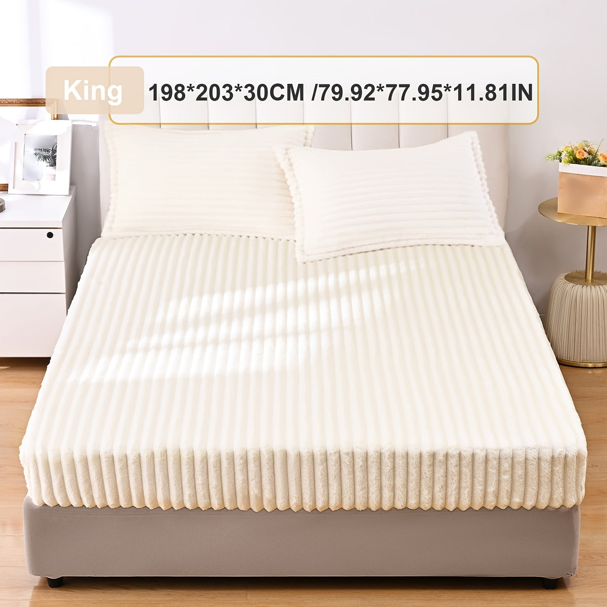 Fuzzy Fleece Fitted Sheet Plush Warm Winter Bedding Stripe Rabbit Fur Soft Thickened Bed Cover Machine Washable Twin Queen King Dark Gray Beige Space Gray