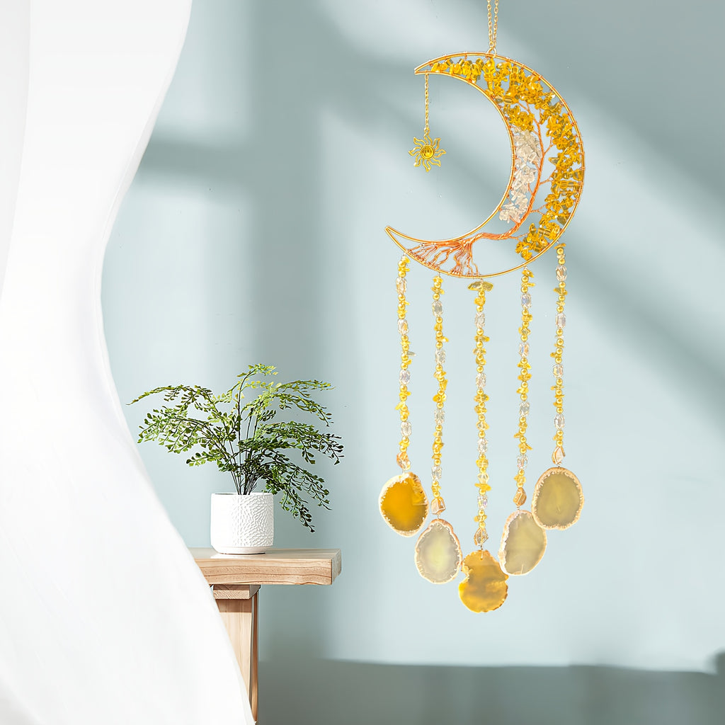Handmade Moon Agate Tree Hanging Ornament – Boho Suncatcher Crystal Wall Decor | Birthday, Christmas & Holiday Gift for Mom, Friends & Her