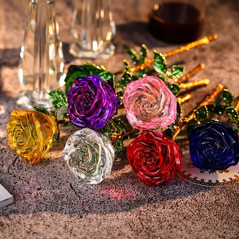Crystal Rose Decorative Accent Flower Sculpture, Single Stem Glass Rose Home Decor Ornament, Indoor Outdoor Room Decoration, Valentine's Day Christmas Birthday Gift for Her Him – 4 Colors