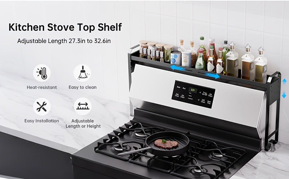 Stove Top Shelf Expandable Spice Rack – Adjustable Back of Stove & Over Sink Shelf for Kitchen Storage Organization, Black