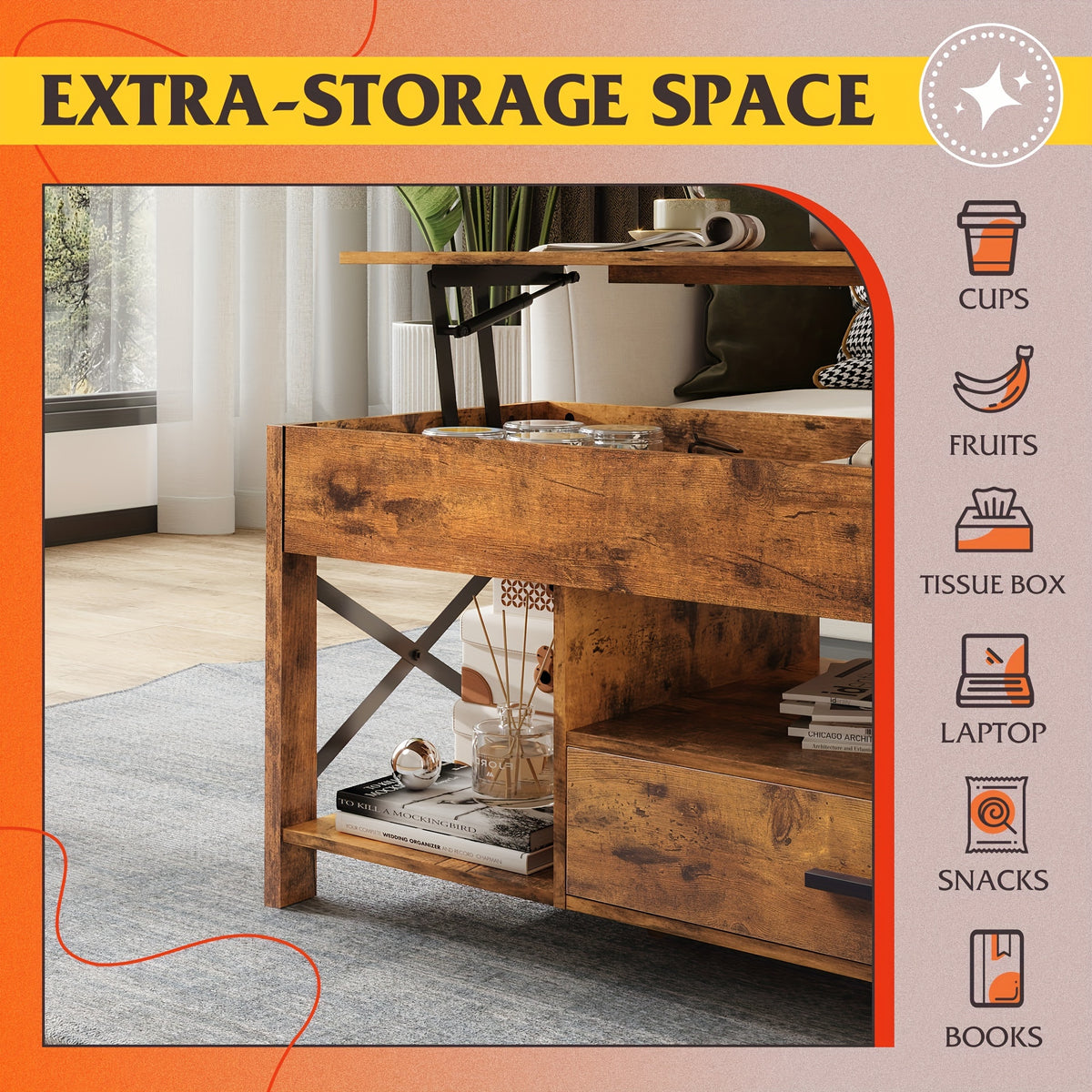 Lift Top Coffee Table with Storage Drawers & Hidden Compartment – Modern Wood Living Room Center Table, Space-Saving Multifunctional Design, 5 Colors