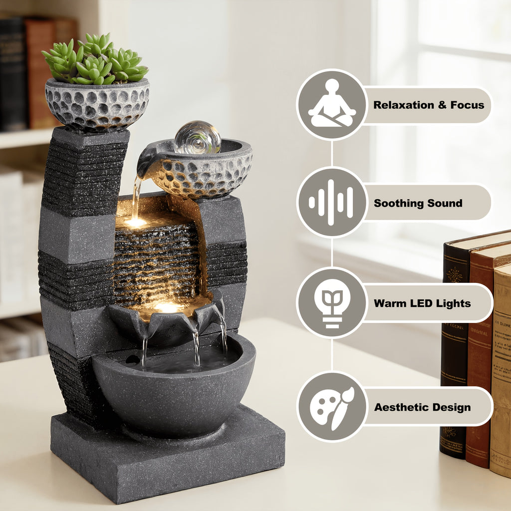 Indoor Tabletop Water Fountain with LED Lights & Crystal Ball – Tiered Bowls Cascading Water Feature with Flower Pot for Home Office Meditation Relaxation, Dark Gray, 7.9"L x 6.7"W x 15.8"H