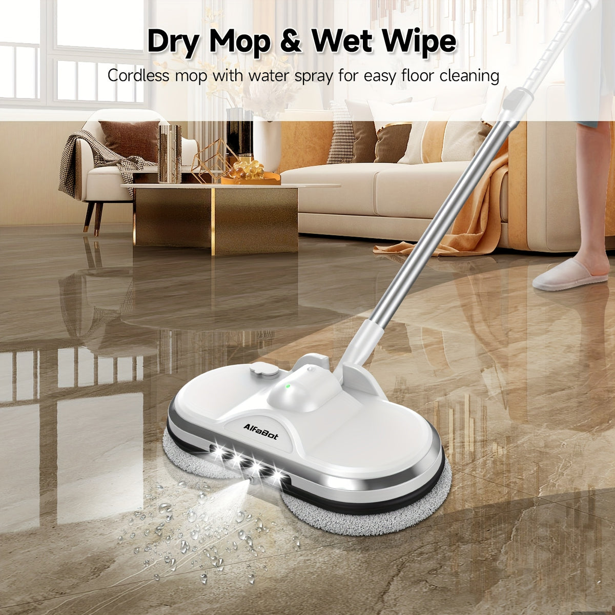 Electric Cordless Spin Mop Dual Motor 150RPM with LED Headlight Water Spray Tank Floor Cleaner for Hardwood Tile Marble Quiet Rechargeable Waxing Scrubber