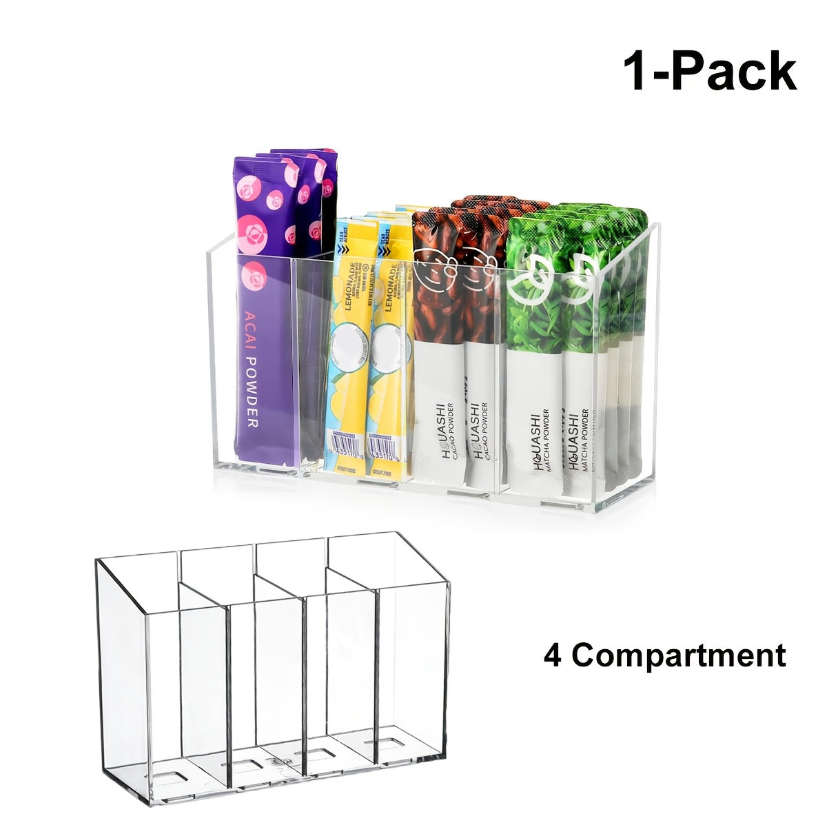 Clear Drink Packet Organizer with Removable Sections & Adjustable Dividers – Transparent Space-Saving Storage for Flavor Packets, Kitchen & Office (3 or 4 Compartments)