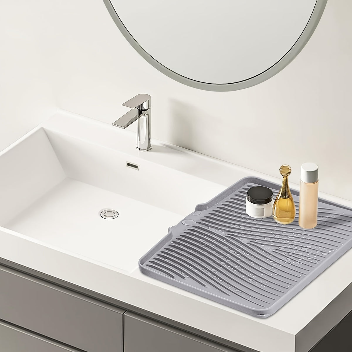 Large Silicone Dish Drying Mat & Drain Pad 34.5x19in – Slope Drainage Design, Heat Resistant, Countertop Protector for Kitchen & Bathroom