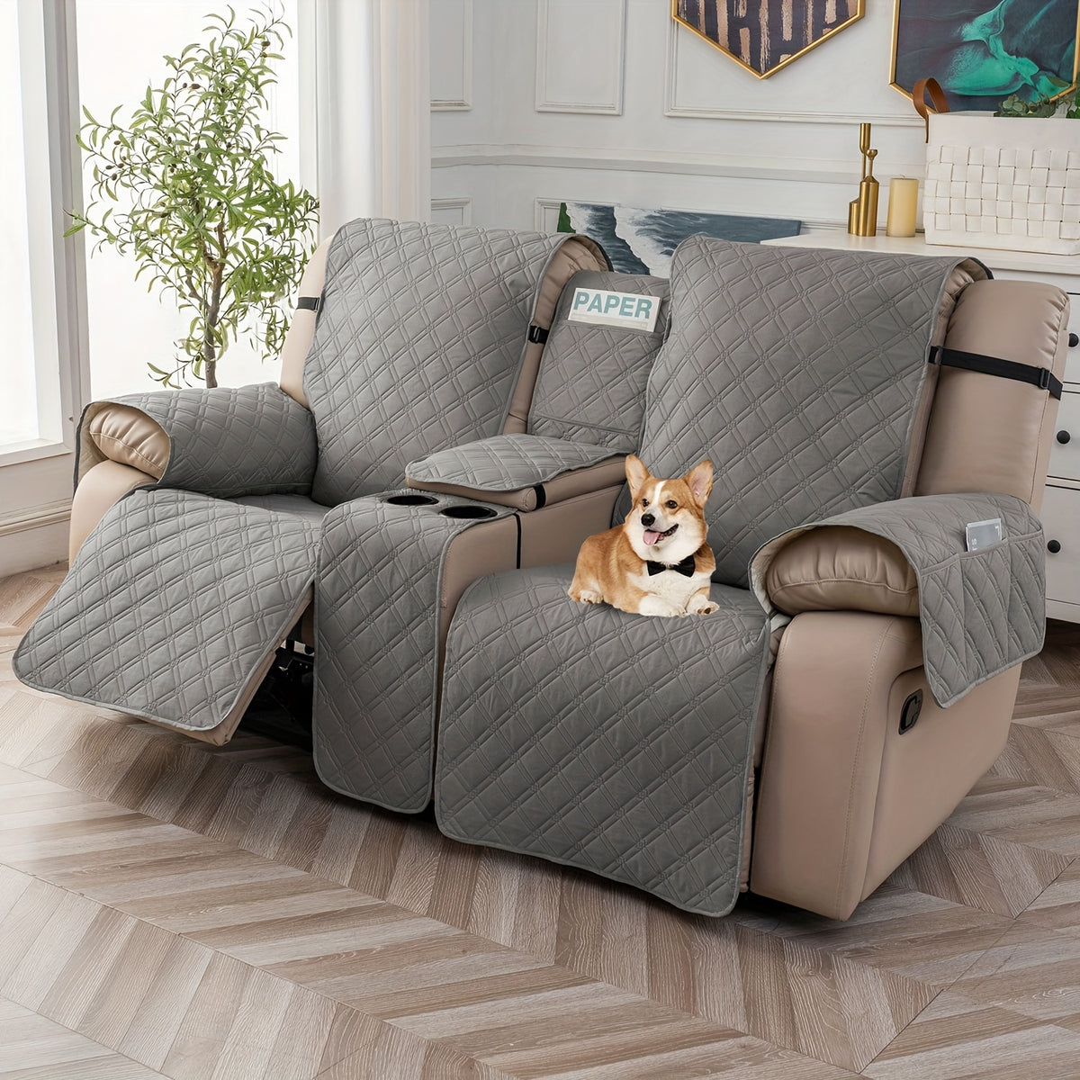 Recliner Loveseat Cover with Console 4-Piece Chenille Quilted Waterproof Slipcover | Non-Slip Pet Scratch Resistant Sofa Protector with Cup Holder Pocket, 9 Colors