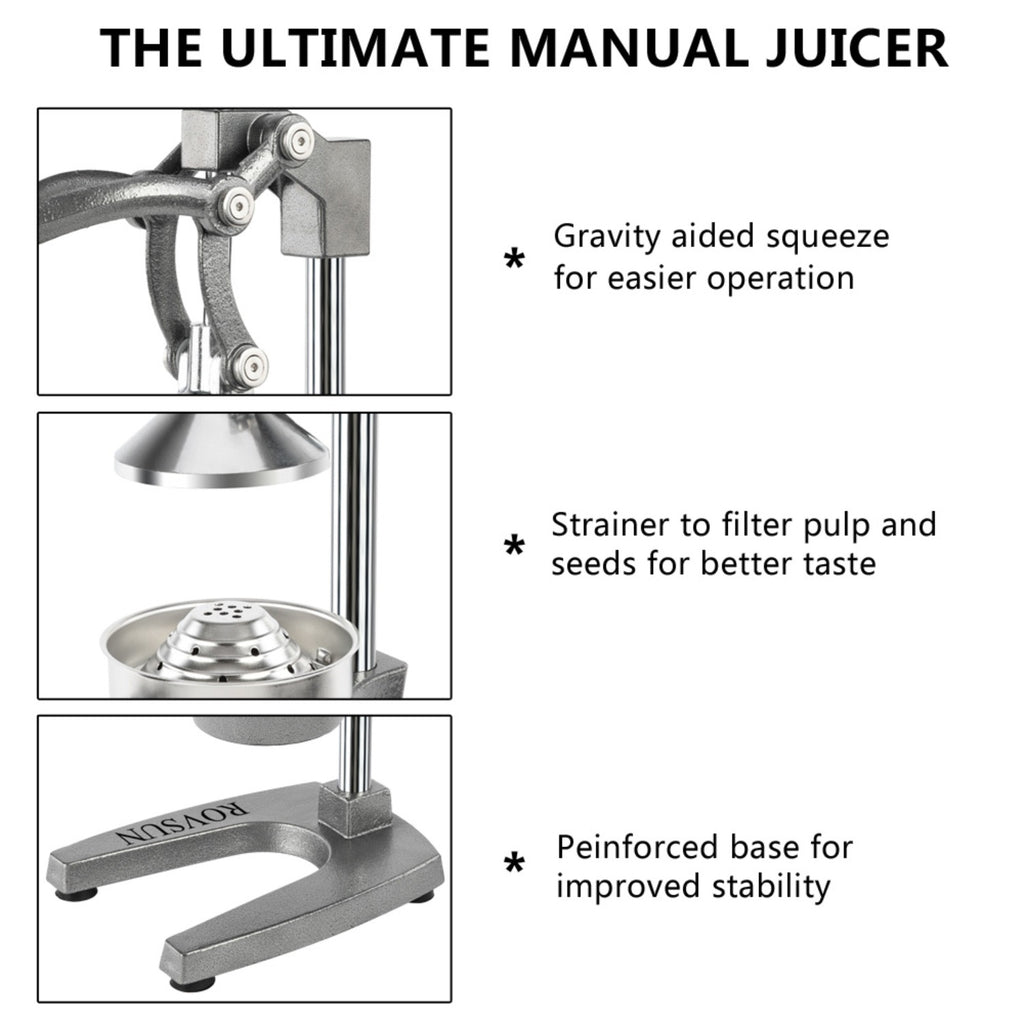 Manual Citrus Juicer Heavy Duty Cast Iron Hand Press Juice Squeezer for Orange Lemon Lime Pomegranate - Commercial Grade Fruit Juicer with Safety Lock & Stainless Steel Strainer