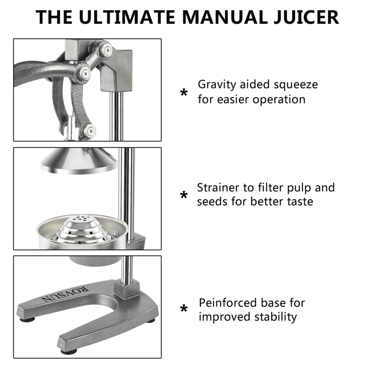 Manual Citrus Juicer Heavy Duty Cast Iron Hand Press Juice Squeezer for Orange Lemon Lime Pomegranate - Commercial Grade Fruit Juicer with Safety Lock & Stainless Steel Strainer
