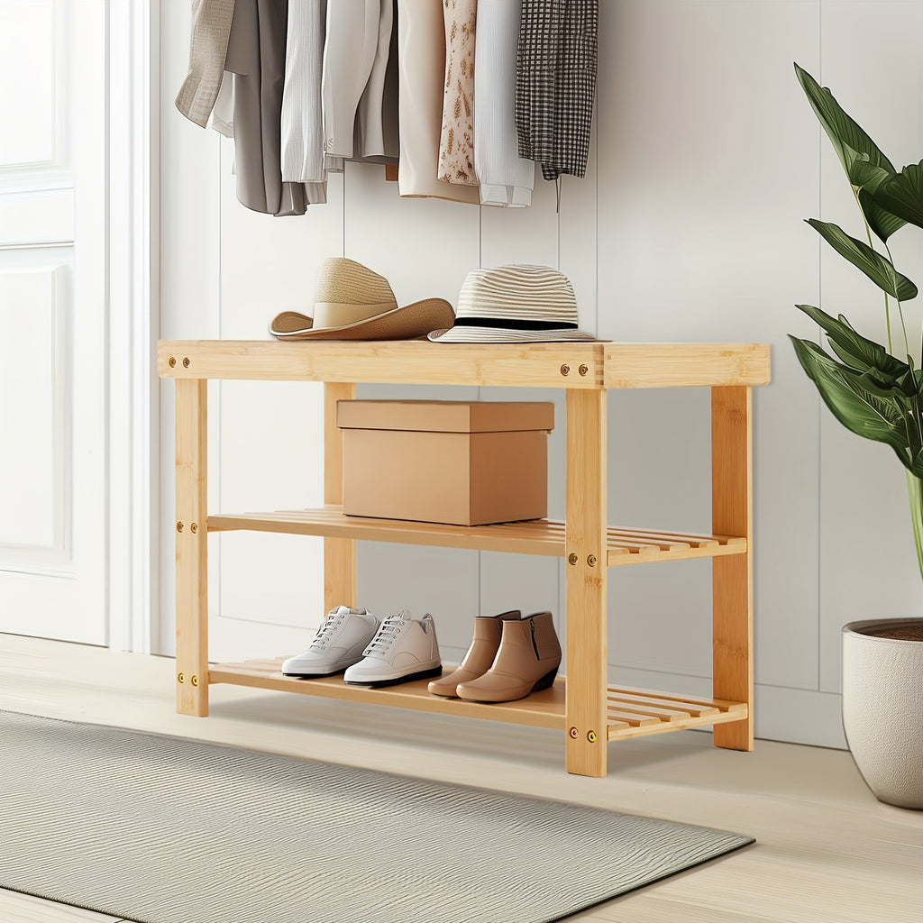 3-Tier Bamboo Shoe Rack Bench with 286 lbs Capacity – Compact Entryway Shoe Storage Organizer for Bedroom Living Room Balcony Mudroom, Brown & Black