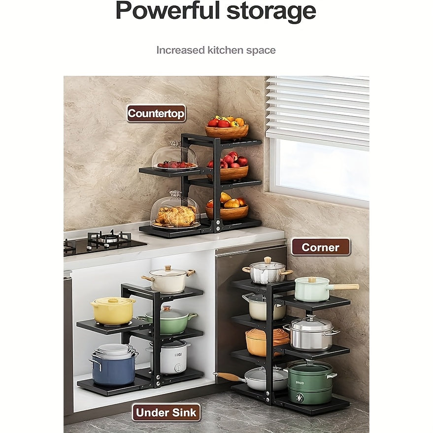 Kitchen Pot Rack Organizer – Multilayer Adjustable Metal Pan Holder, Cutting Board Storage, Detachable Shelves, Space-Saving Countertop Rack for Pots, Pans & Lids