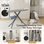 Full-Size Foldable Ironing Board Height-Adjustable – Heavy-Duty Steel Legs, 4-Layer Padding, Iron Rest, Cord Holder & Storage Rack for Laundry Room, Living Room & Dorm | Beige & Gray