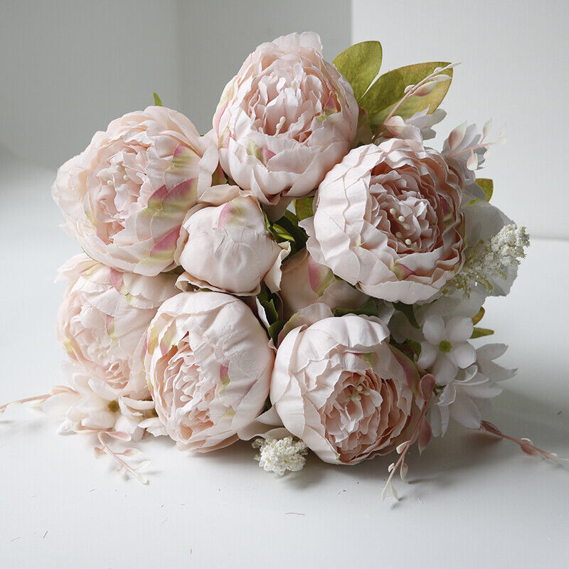 Artificial Peony Bouquet 13 Heads UV-Resistant Realistic Silk Flowers with Green Foliage Sturdy Stems Pink Red White Blue Purple Yellow Lavender Peach for Wedding Home Garden Office Indoor Floral Decor