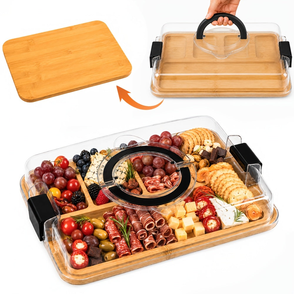 Bamboo Charcuterie Board with Clear Lid & 5 Compartments – Serving Platter Tray with Handle, Side Locks & Reusable Snack Board for Cheese, Fruit, Crackers, Appetizers, Party & Holiday Gatherings