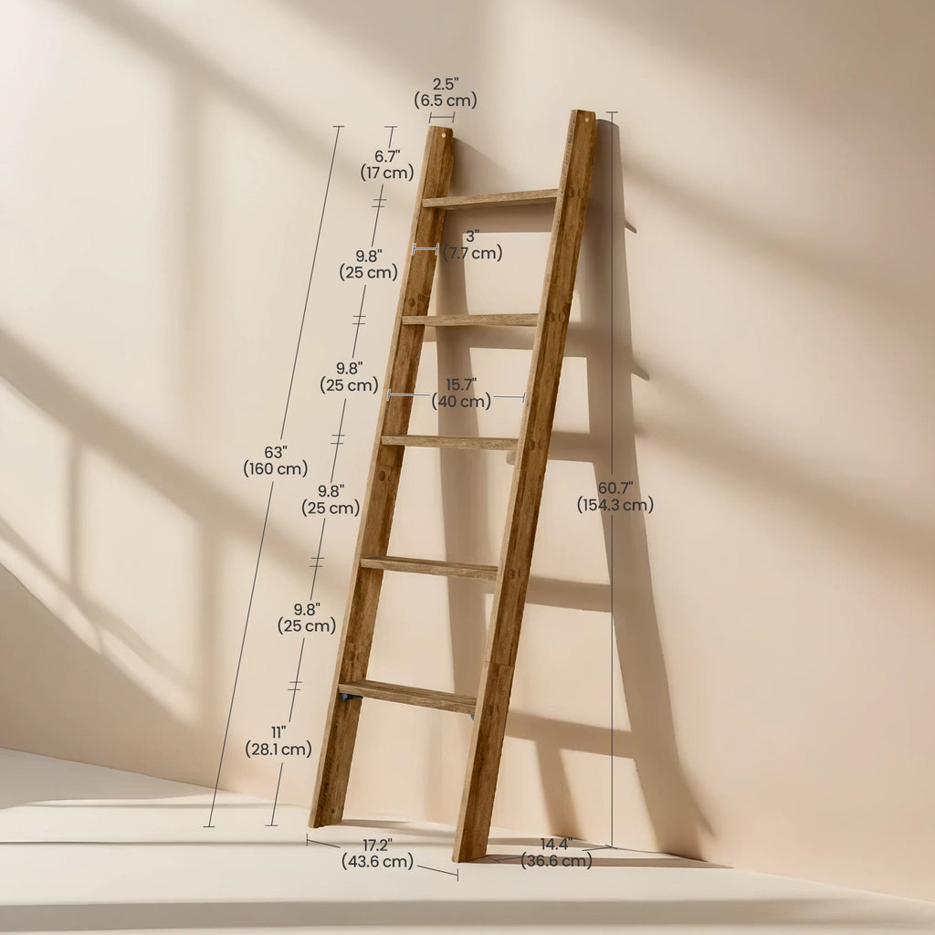 Blanket Ladder 5 Tier Farmhouse Decorative, Wood Ladder Rack for Blankets Towels & Quilts, 2-in-1 Ladder Shelf for Living Room Bedroom Bathroom Storage & Decor, Maroon Brown, Holds 17.6 lbs
