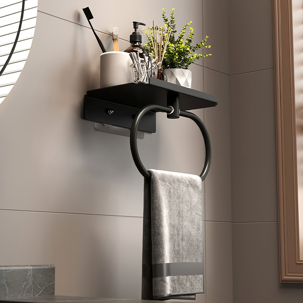 Oval Metal Towel Ring Wall Mounted – No-Drill Bathroom Organizer, Modern Matte Black Finish, Durable & Elegant Home Decor