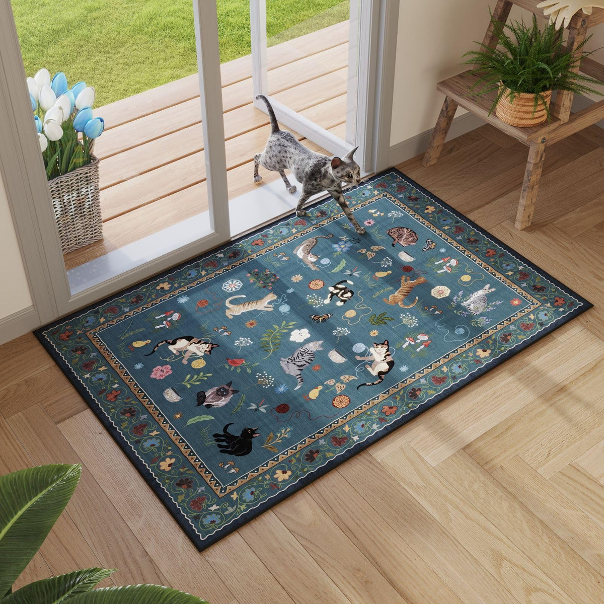 Boho Cat Print Area Rug Low Pile Non-Slip Floral Vintage Indoor Carpet for Living Room Bedroom Dining Room Runner Round Large