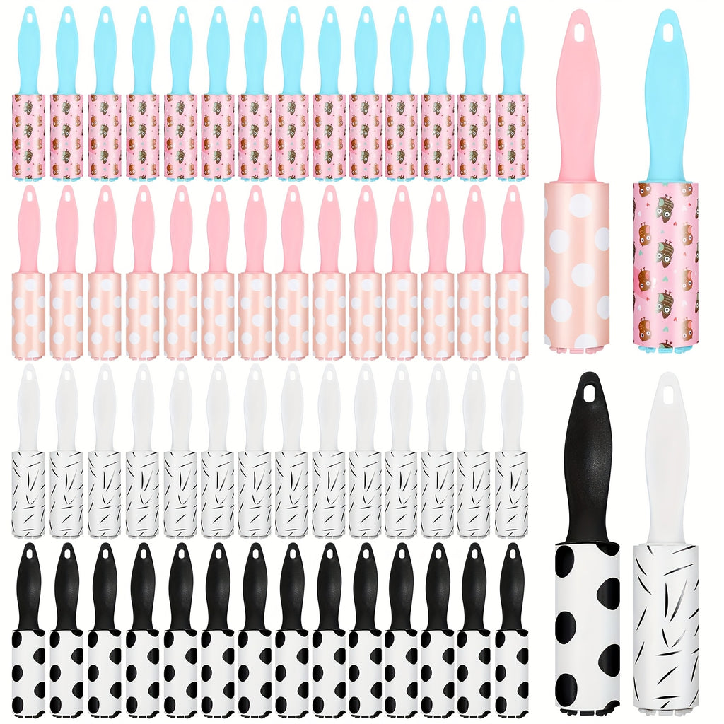 Mini Lint Rollers 60pcs Bulk Pet Hair Remover Portable Travel Size Sticky Roller for Clothes Furniture Car Seats 4 Colors 4 Patterns Polka Dots Stripes Paw Prints